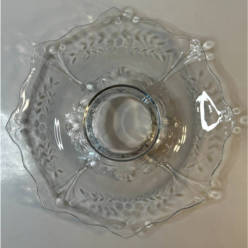 VTG Indiana Glass Co. Floral Etched Fleur de Lis Console Bowl